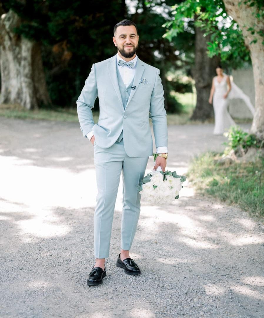 Costume mariage champêtre vert pastel